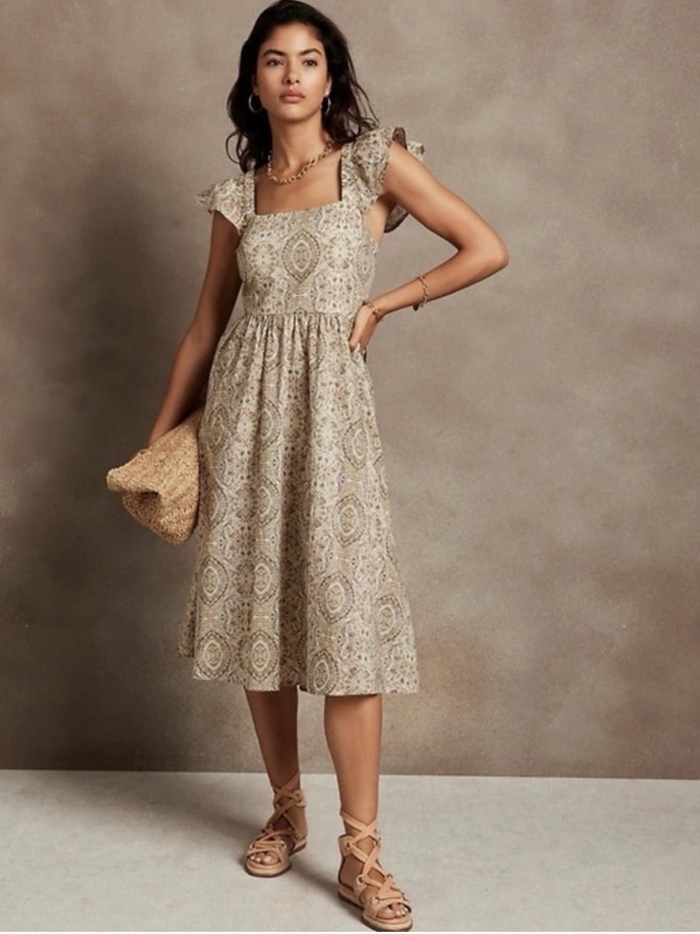 Banana Republic Tan Paisley Square-Neck Midi Dress